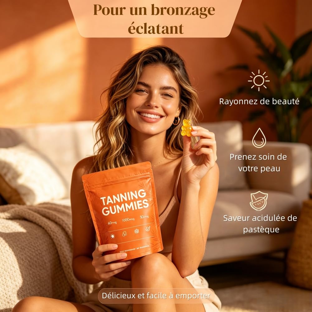 Gummies Autobronzant,60pcs Autobronzantes,Gummies Bronzantes,Gommes Bronzage Peau,Associant bêta-carotène et L-lycopène pour rehausser l'éclat naturel de peau