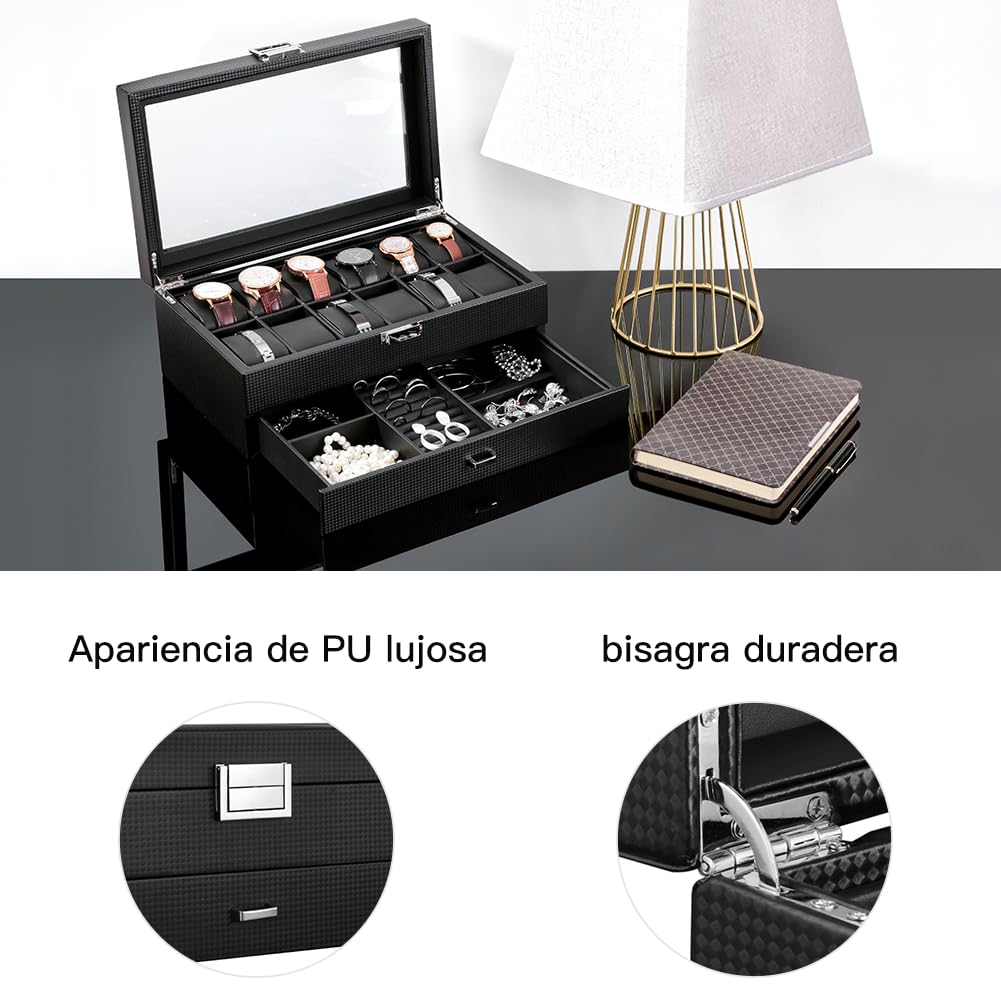 Caja de reloj de piel con 12 compartimentos, con cajón, caja de relojes de lujo, organizador de presentación, caja de relojes, anillos, pulseras (fibra de carbono W79T)