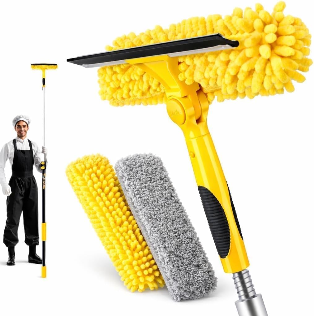 18FT High Reach Window Squeegee with Extension Pole, 2 in 1 Window Washing Kit with 3-Stage Telescopic Pole & Rotatable Head, No-Ladder Window Cleaner for High Window, Solar Panel, RV & Outdoor Glass