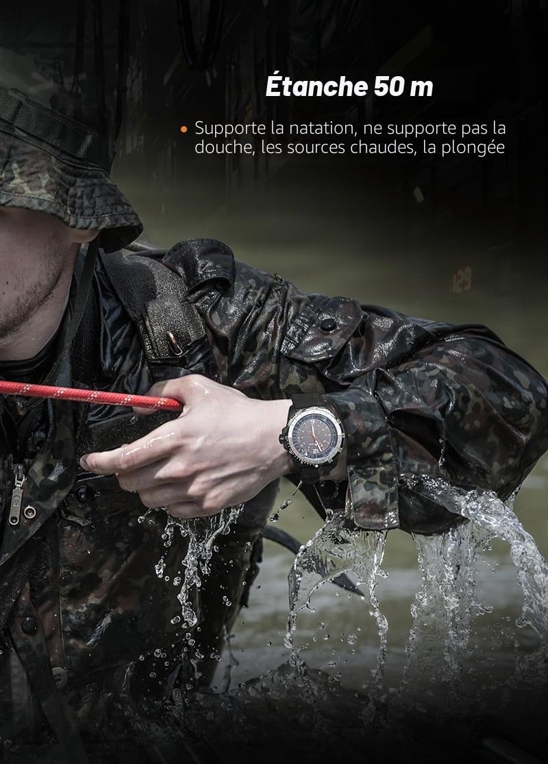 NORTH EDGE Montre Solaire Homme Aviation, Étanche 50M, Cadran Phosphorescent, Bracelet Silicone (46 mm)