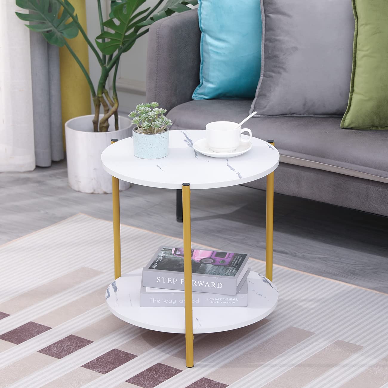 QIHANG-UK2-Tier Sofa Side Table Simple Round Living Room Balcony End Table for Small Spaces, Coffee Table Nightstand for Bedroom, Marble Look
