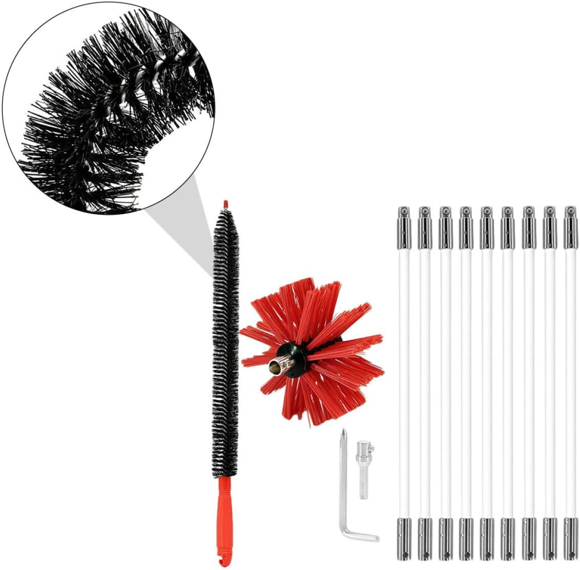 Chimney Brush Dryer Vent Cleaning Tool Set 9 Extendable Rods with Red Brush Head Lint Remover for Indoor Dryer Vent and Fireplace Pipe Maintenance