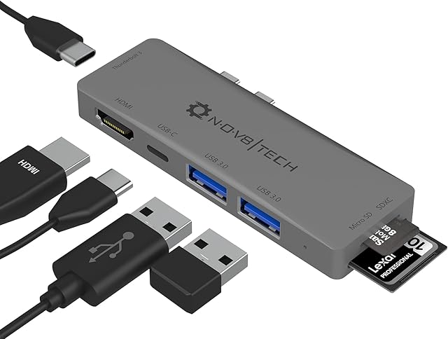 NOV8Tech 7-in-2 USB C to 4K HDMI Hub Adapter for Gray MacBook Pro M1 2016-2022 & MacBook Air M1 2018-2022, UHS II SD/Micro SD Reader, Thunderbolt 3 100W Power Delivery, USB C Data, 2X USB 3.0