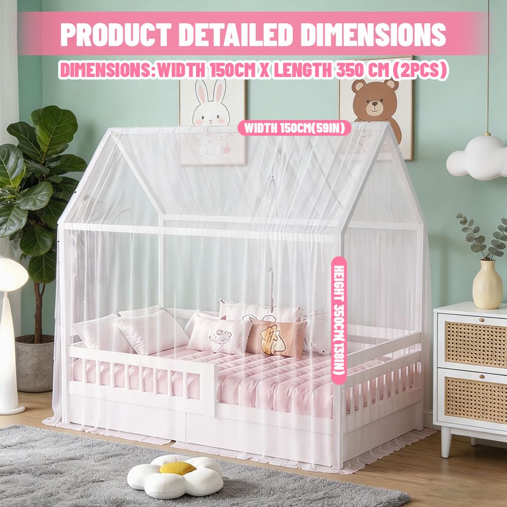 Hausbett Himmel Set, 2 Stück Hausbett Himmel für Kinderbett, 150 x 350 cm, Leichte Atmungsaktive Stoffvorhänge, Hausbetthimmel, Bettvorhang, für Mädchen Jungen Kinderbett Kinderzimmer Deko (Weiß)