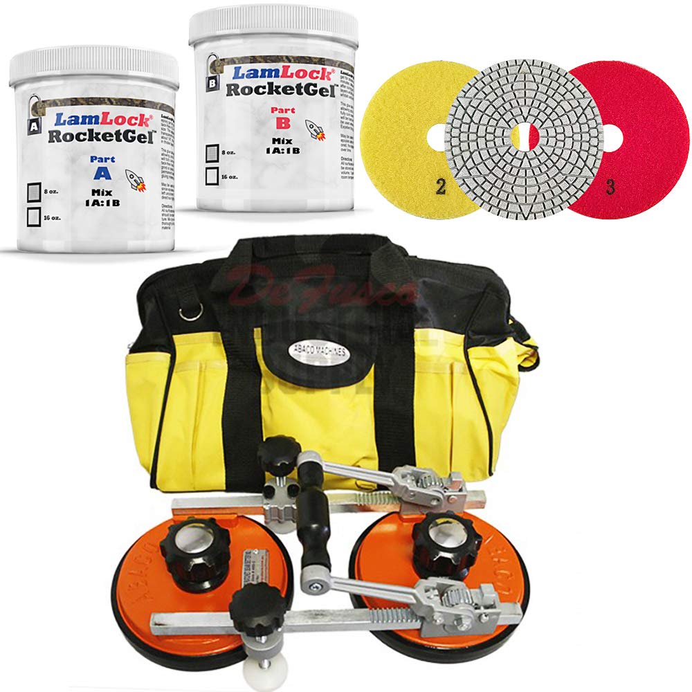 Abaco Ratcheting Seamsetter M2 - LamLock RocketGel - 16 oz Kit Granite Epoxy - 4 Inch Slayer 3 Step Set of 3 Diamond Polishing Pads for Engineered Stone