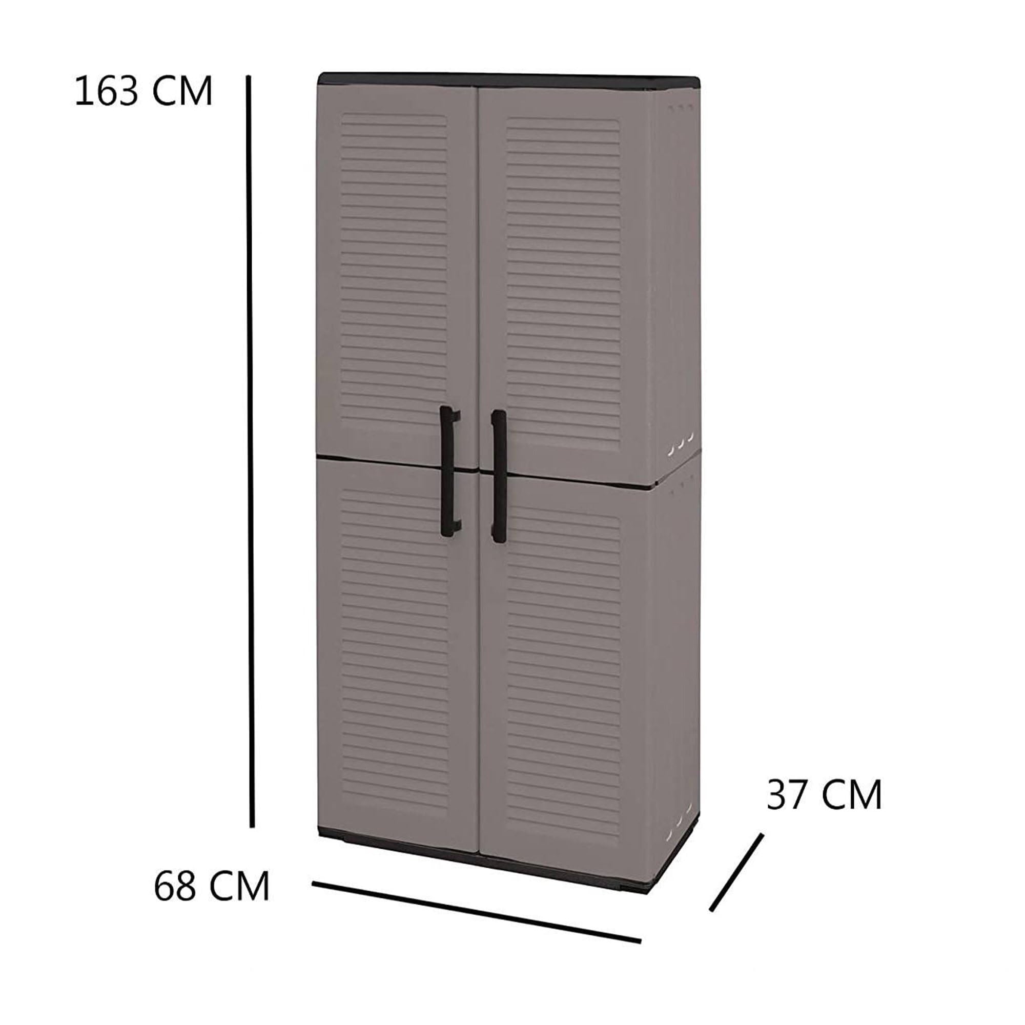 Dmora - Armadio da esterno Clavier, Mobile da balcone, Armadio multiuso con ripiani, 100% Made in Italy, 68x37h163 cm, Grigio e Nero, Finitura righe