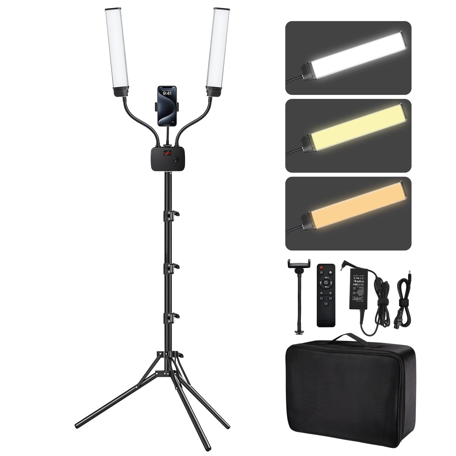 Selfie-Licht mit 190 cm Stativ-Ständer, dimmbar, 3 Farben, LED-Doppelarm-Ringlicht mit Handy-Halterung und Tragetasche für Wimpern-Tattoos, Video-Fotografie, 45 W, 95 CRI Stativ-Stehlampe