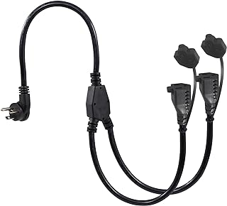 2FT Outdoor Power Extension Cord 2 Way Splitter - Black Flat Wall Plug Short 3 Prong Y Splitte Extension Cord with 2Outlets, 125V 13A 16AWG 1 to 2 Splitter Power Waterproof Outdoor Extension Cord