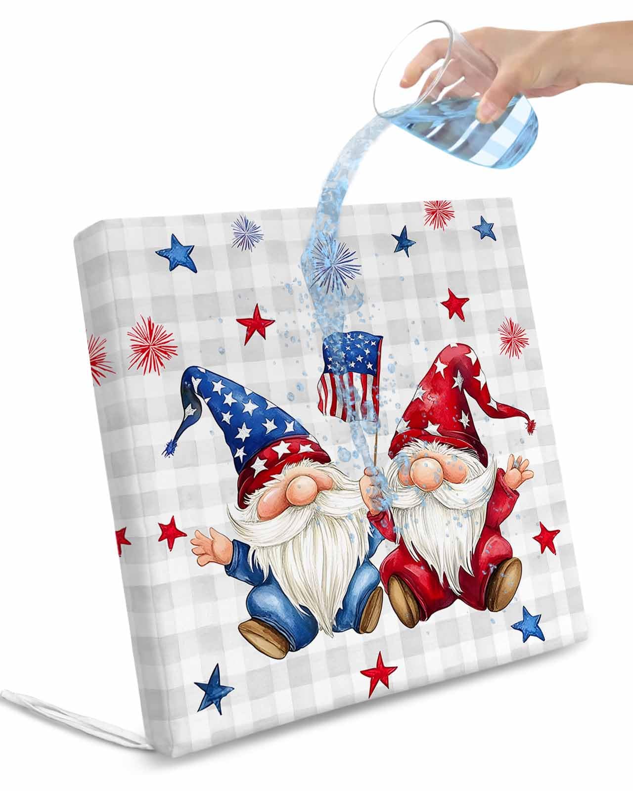 2 Pack Independence Day Waterproof Cushion Covers with Ties, Outdoor Patio Chaise Lounge Chair Seat Cushion Slip Covers Replacement(Only Cover) Modern Gnomes Star Grey Checkered 20