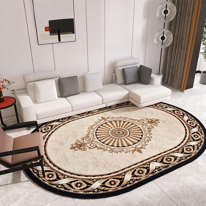 Alfombra Ovalada Dormitorio Salon Pelo Corto Diseño Alfombras Comedor Antideslizante Lavable Decoración Para Alfombras Alfombra Moderna Con Cenefa Con Motivos Retro Beige/Dorado, 120 x 200 cm
