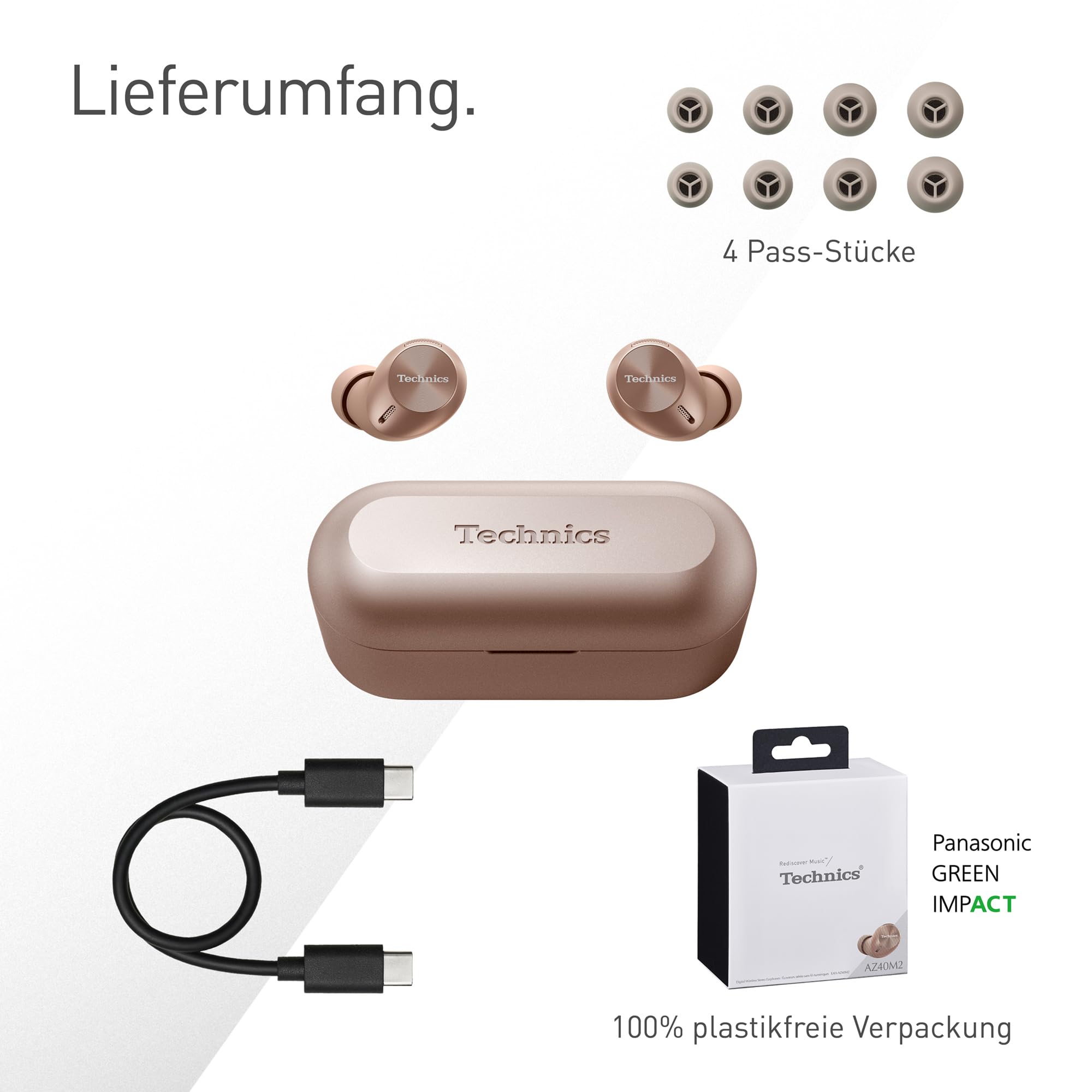 Technics EAH-AZ40M2EN Kabellose Ohrhörer mit Noise Cancelling, Multipoint Bluetooth 3 Geräte, Bequemer In-Ear-Kopfhörer mit Integriertem Mikrofon, Roségold