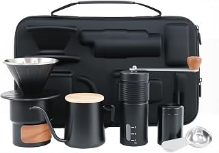Portable Pour Over Coffee Maker Travel Set with Manual Coffee Grinder, Gooseneck Kettle, Stainless Steel Filter and Insulated Mug, Camping Coffee Kit in Carrying Case for Outdoor & Home