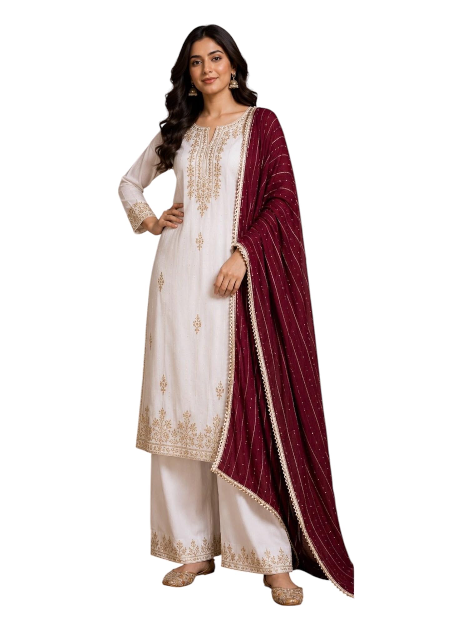 WOMEN'S SEQUENCE EMBROIDERED ZARI LINES SOFT CHANDERI SILK 2.25 METER DUPATTA WITH 4 SIDE GOLDEN GOTA LACE-image-13