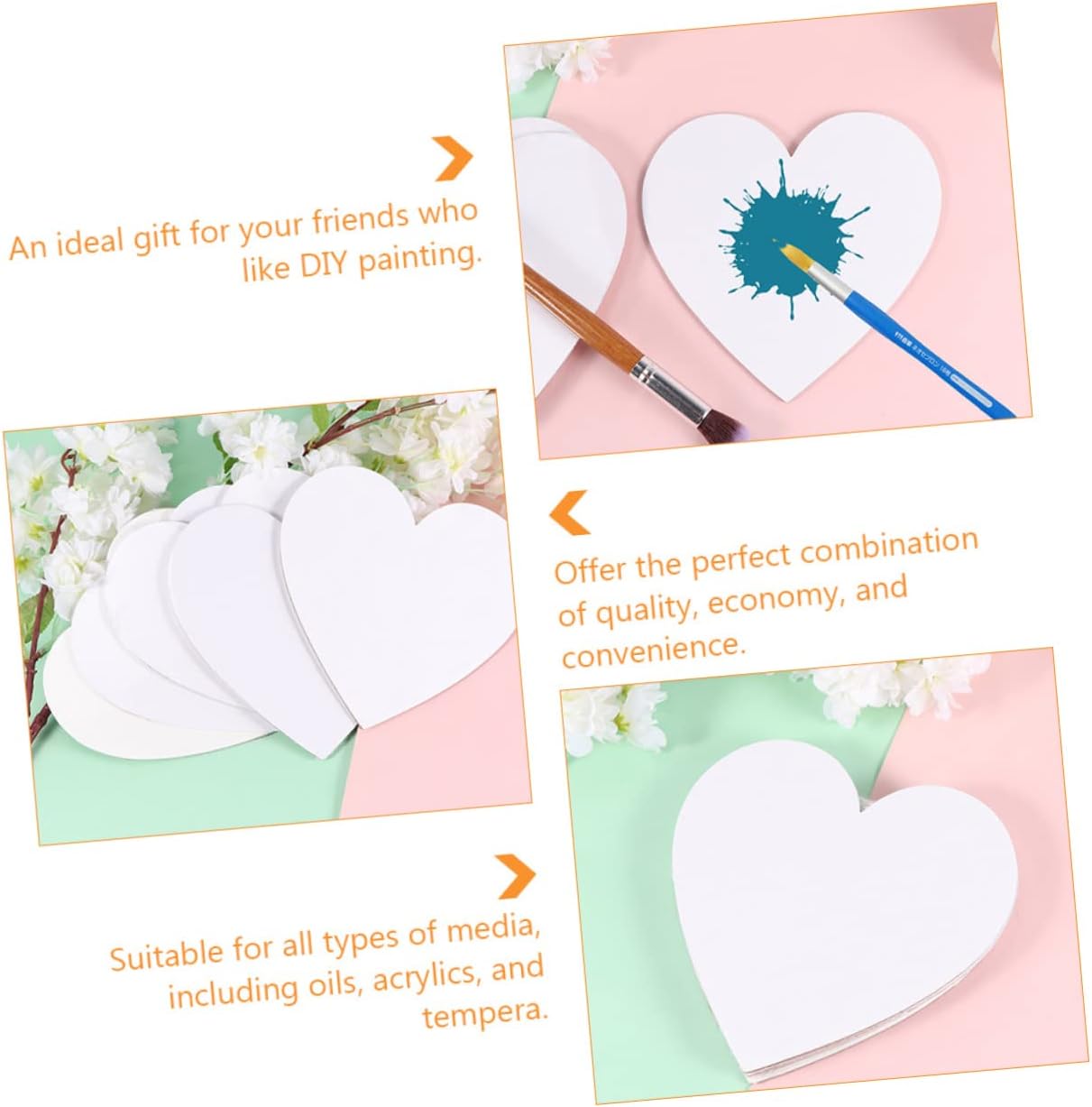 6 Pack Heart Shaped Canvas Painting Boards for DIY Artists