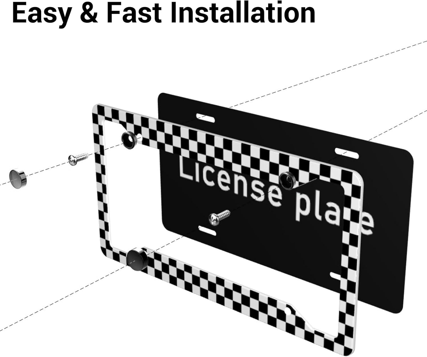 Checkerboard Black and White License Plate Frame, Set of 2 Checkerboard Race Car License Plate Covers, Men & Women Car Tag Aluminum License Plates Holder for 4 Holes with Screws 12.3 X 6.3 in - Image 6