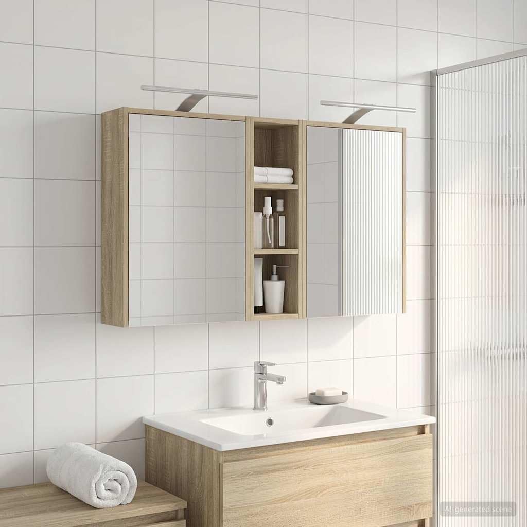 Lot de 3 armoires de salle de bain en bois 106 x 16 x 62,5 cm avec éclairage LED, montage mural, miroir bidirectionnel, espace de rangement, meubles de salle de bain pour invités WC et salle