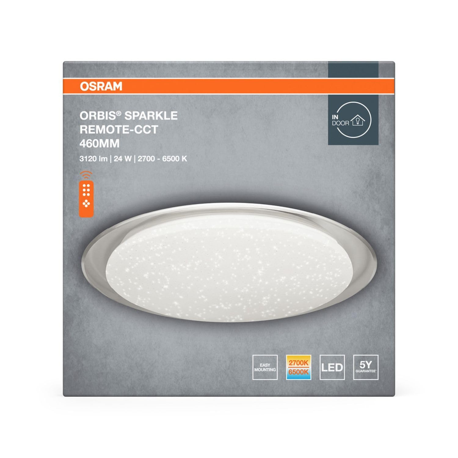 Osram Orbis Sparkle błyszcząca lampa sufitowa LED z efektem połysku, lampa ścienna 460 mm, lampa do zabudowy w kolorze białym z aluminium, ochrona IP20, do dekoracyjnego oświetlenia mieszkania