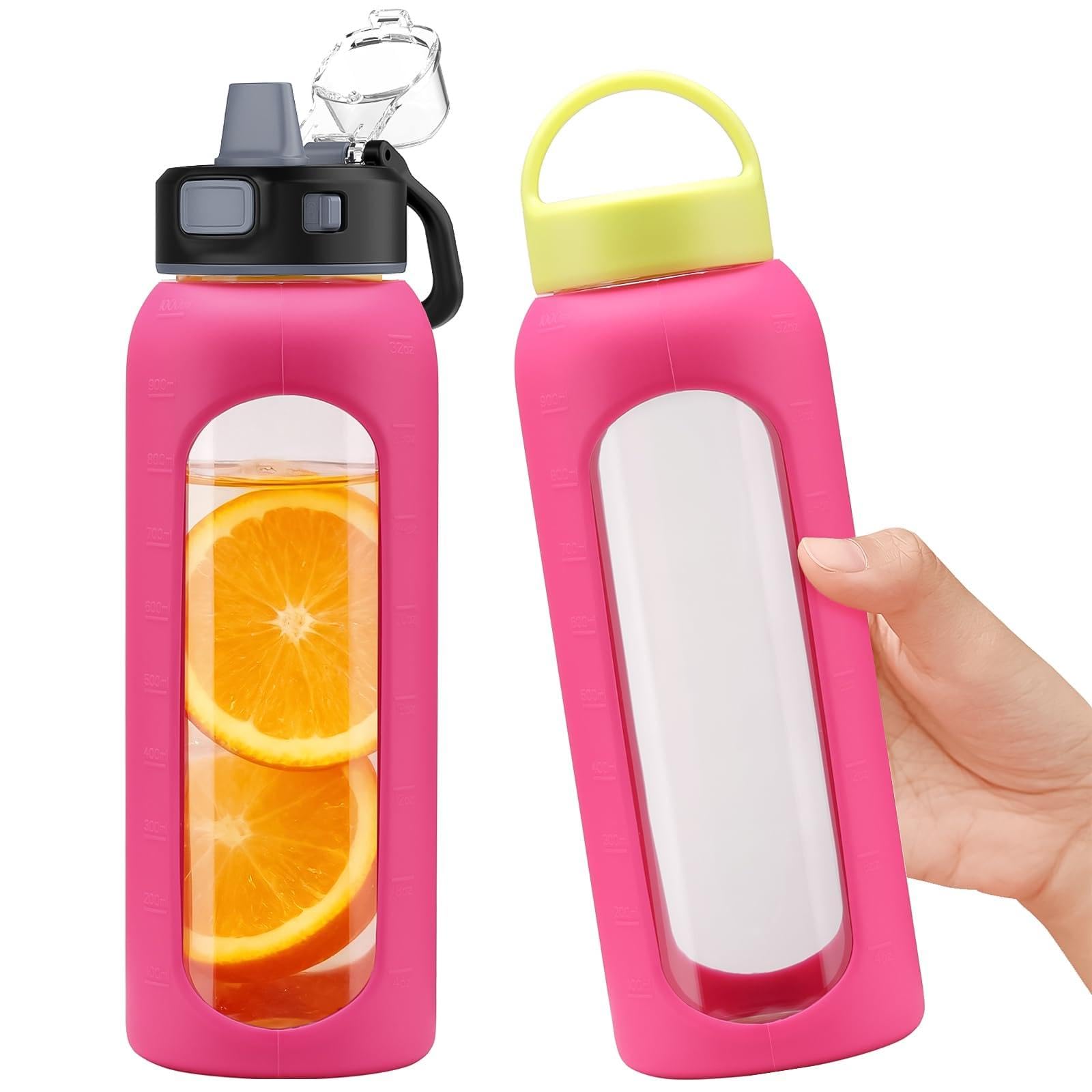 BLUEGO 900ml Glass Water Bottle with 2 Lids-One-touch Lock Lid and Handle Lid Reusable Drinking Bottle with Time Marking for Travel Home Gym Sports BPA Free, Rose Red
