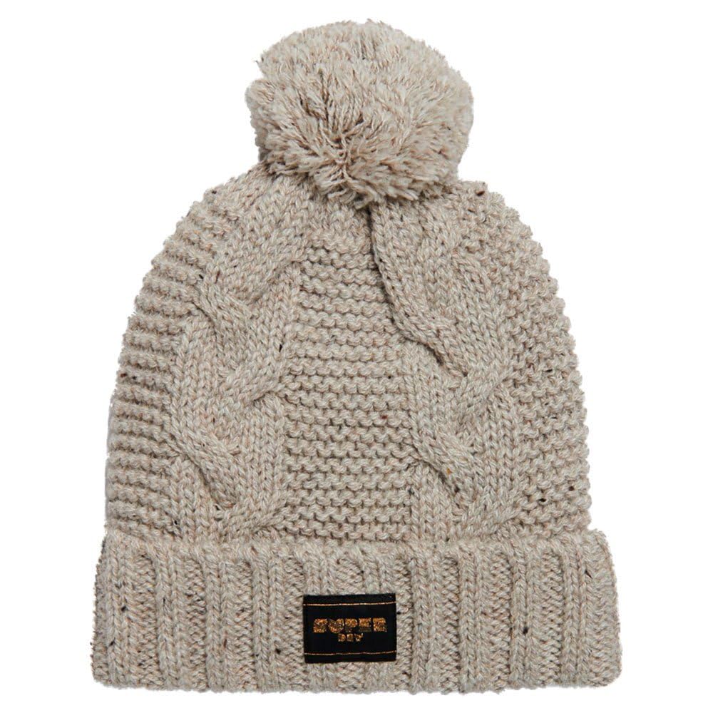 Superdry Women's Oaty Beige Fleck Cable Knit Beanie Hat Baseball Cap For One Size