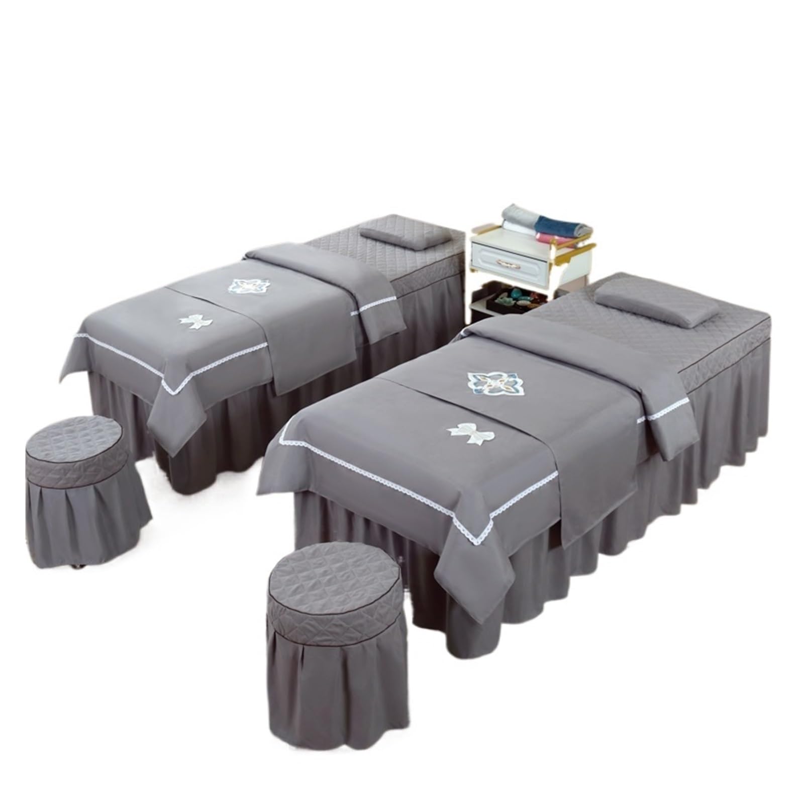 Massage Table Skirt 4pcs Beauty Salon Massage Bed Cover Sets Spa Bedskirt with Hole, Pillowcase, StoolCover, Dulvet Beddings(Color 2,190x80cm)