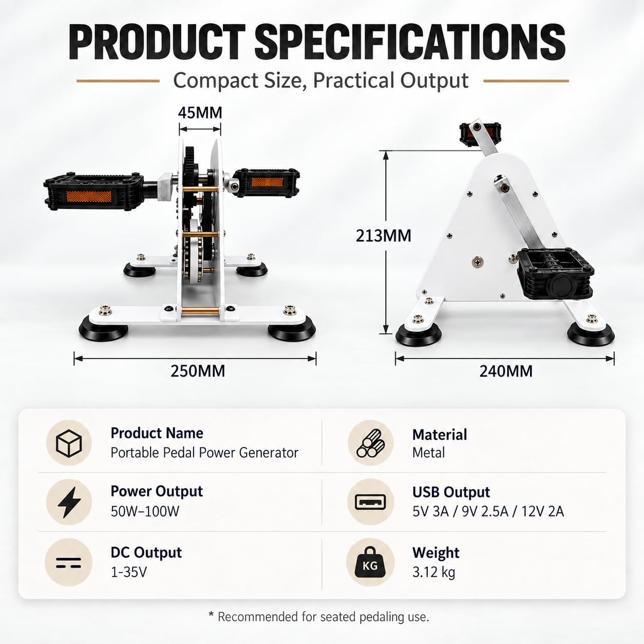 Generador a pedales 50W/100W con engranajes metálicos y correa motriz 50W