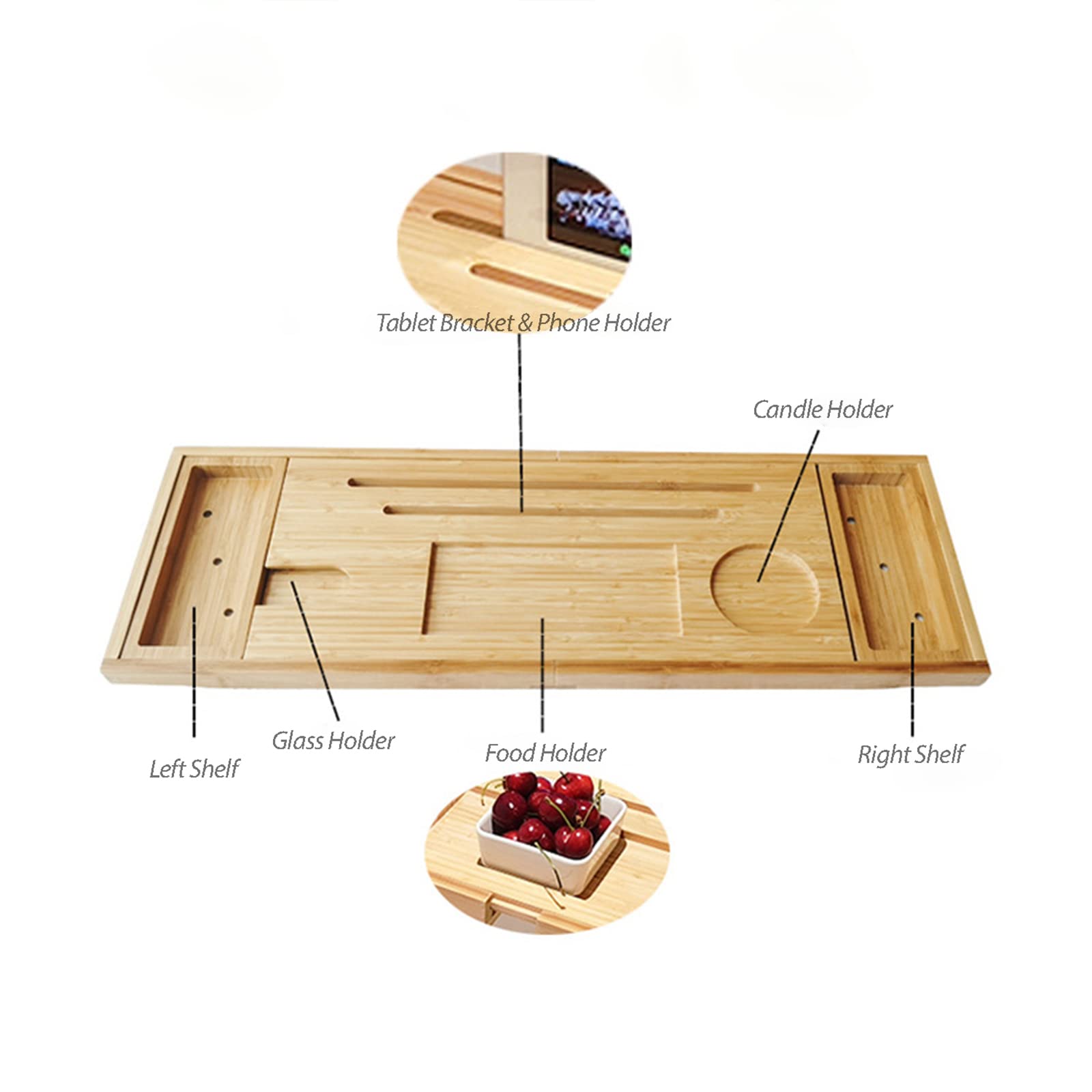 Bandeja de bañera para adultos, de madera expandible con soporte para teléfono, ranuras para copas de vino y soporte para libros, accesorio de relajación premium para experiencia de spa