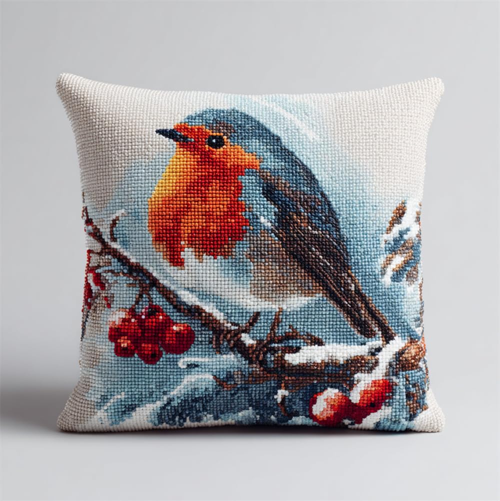 Hdfvlfdsa Cross Stitch Cushion Kit, Snow Robin Bird On Branch Winter 17.7X17.7In(45X45Cm) Cushion Back Included, Pre Printed Canvas, Stamped Cross Stitch Pillowcase Yarn and Needle Included Embroider