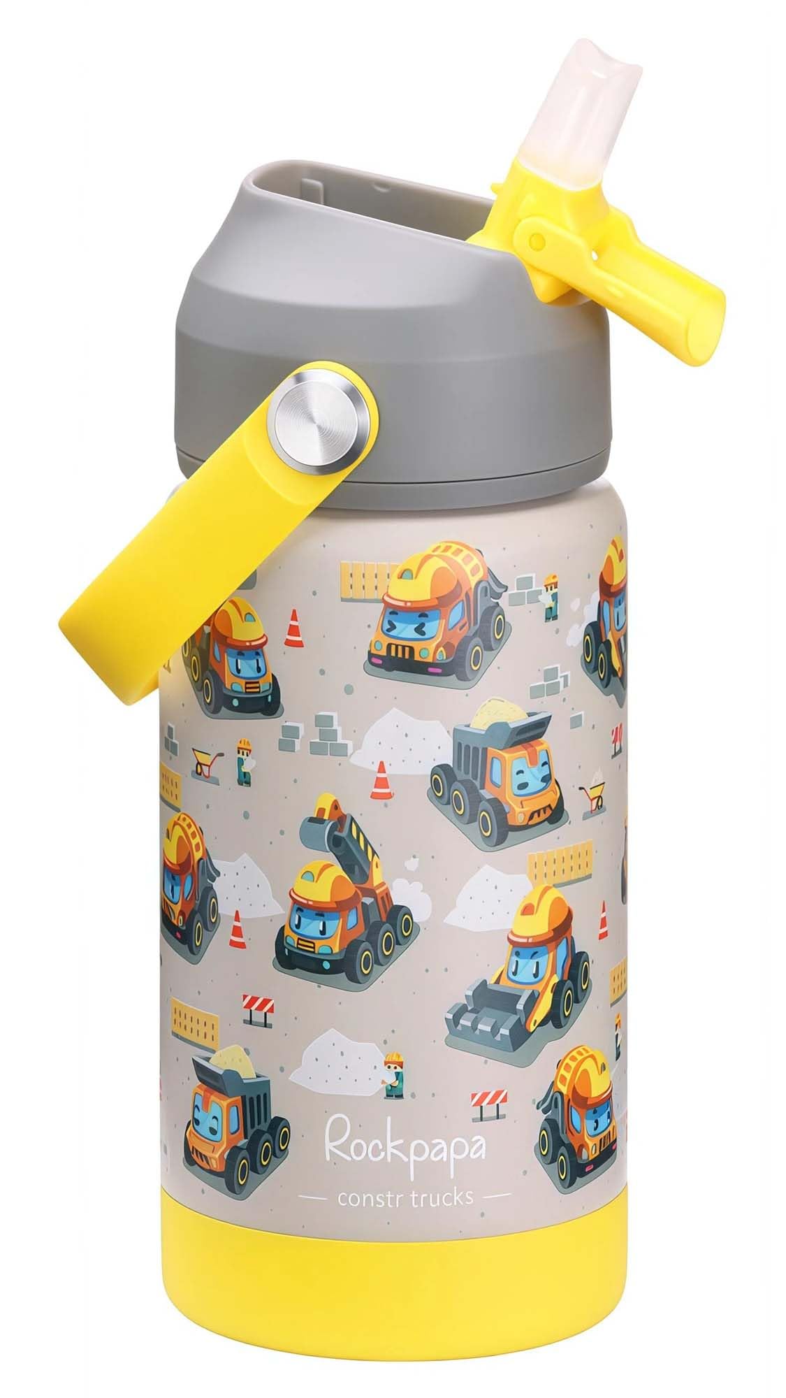 Rockpapa Kids Insulated Water Bottle with Straw, BPA-Free, 18/8 Stainless Steel, Leak Proof, 14OZ Metal Cup Water Bottle for School Boys Girls (Grey Constr Trucks) — image 1