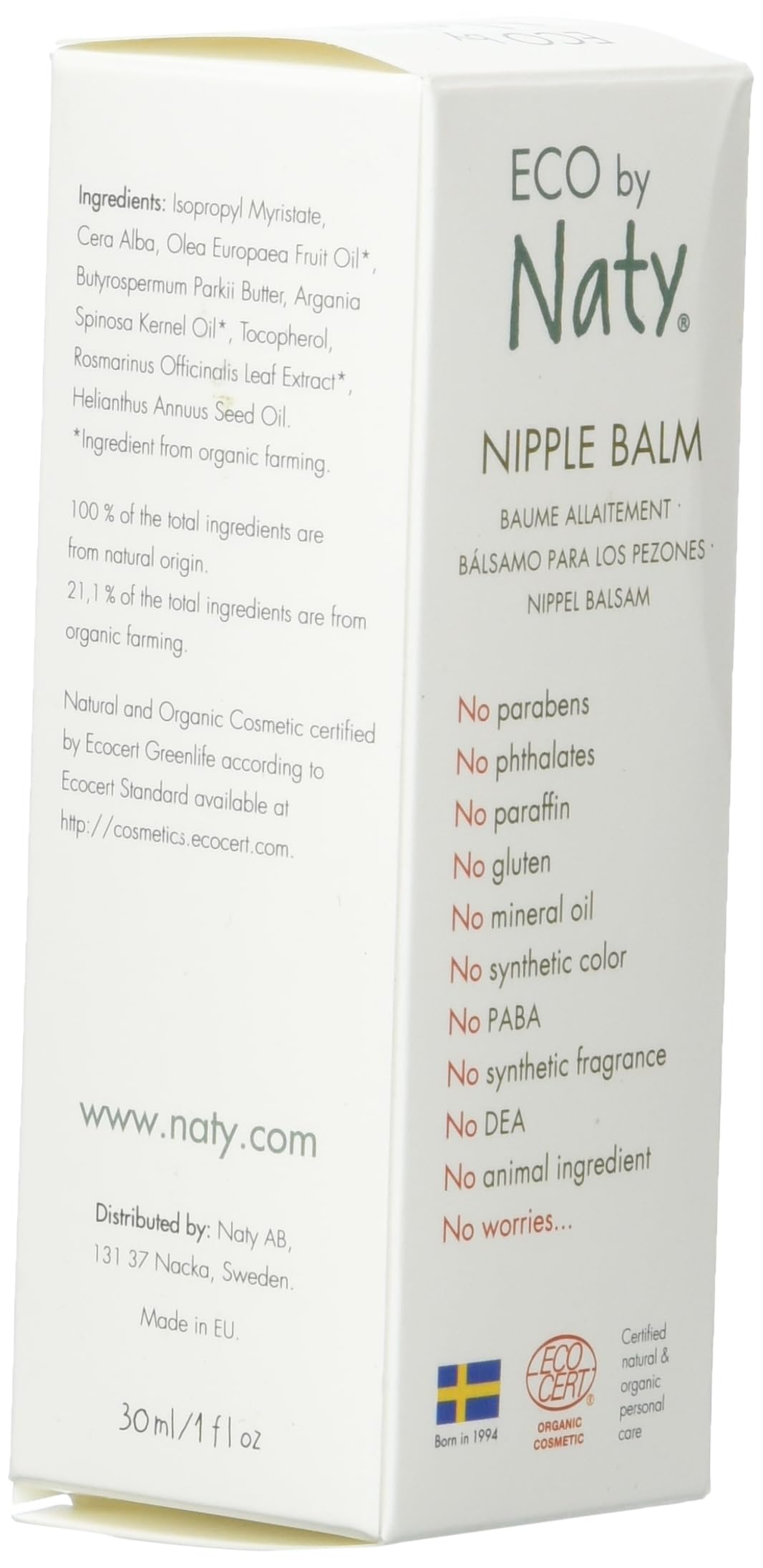 Eco by Naty, baume pour mamelons, extraits certifiés biologiques à base de plantes, hypoallergéniques et testés dermatologiquement, flacon de 30 ml