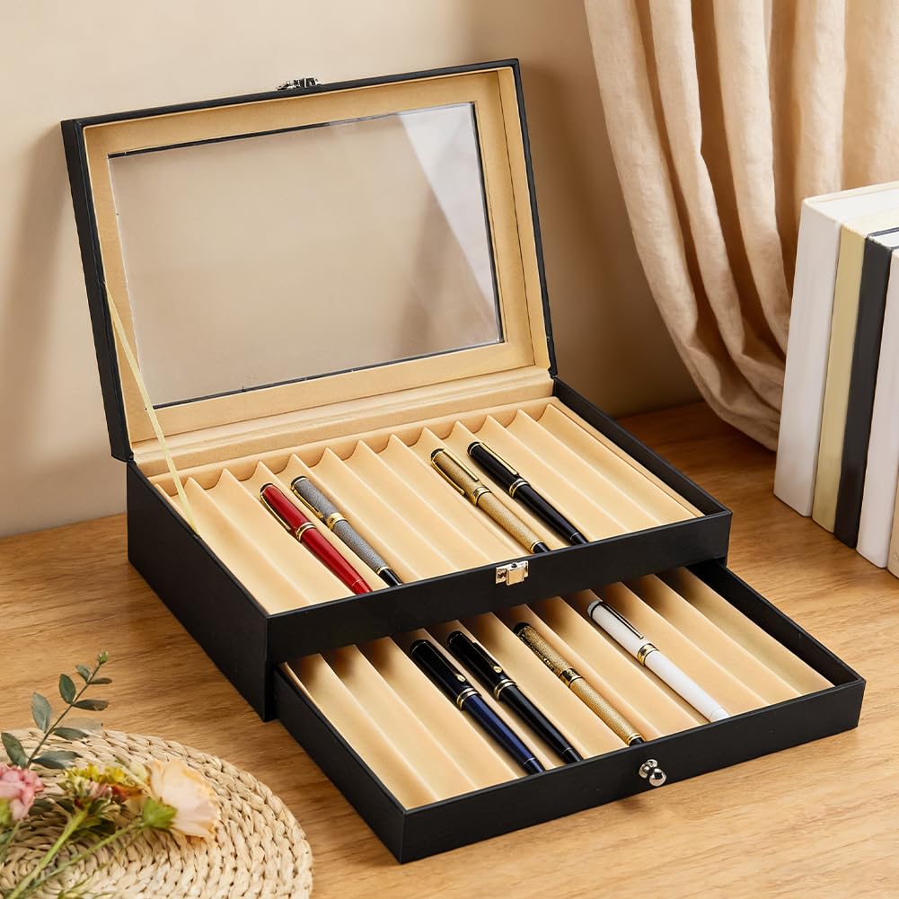 PH PandaHall Stift-Präsentationsbox aus Holz, 24 Fächer, PU-Leder, für Füllfederhalter, Organizer, Box, schwarze Stifte-Aufbewahrungsbox mit Glasfenster für Geschäft, Zuhause, 30,7 x 19,8 x 9,4 cm