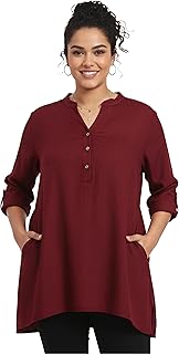Angoori Fashion Plus Size Women’s Roll-Up Sleeve Tunic Top V-Neck Button Front Side Pockets Rayon Short Kurti Casual Ethni Price In India