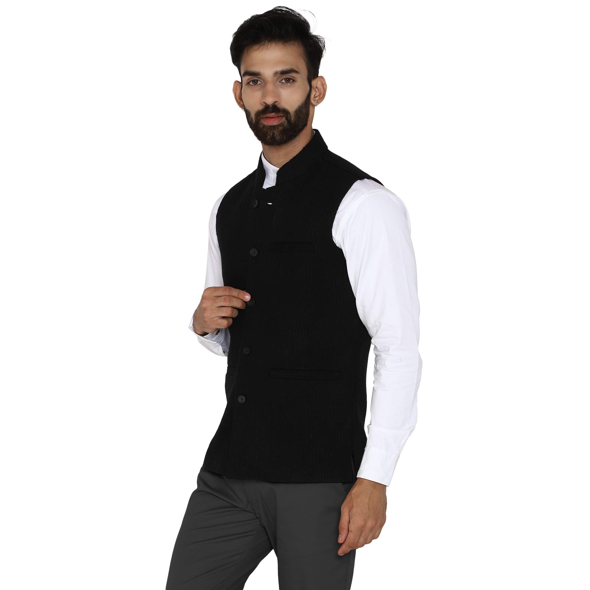 Men's Jet Black Dobby Self Stripe Wool Tweed Bandhgala Ethnic Nehru Jacket-image-2