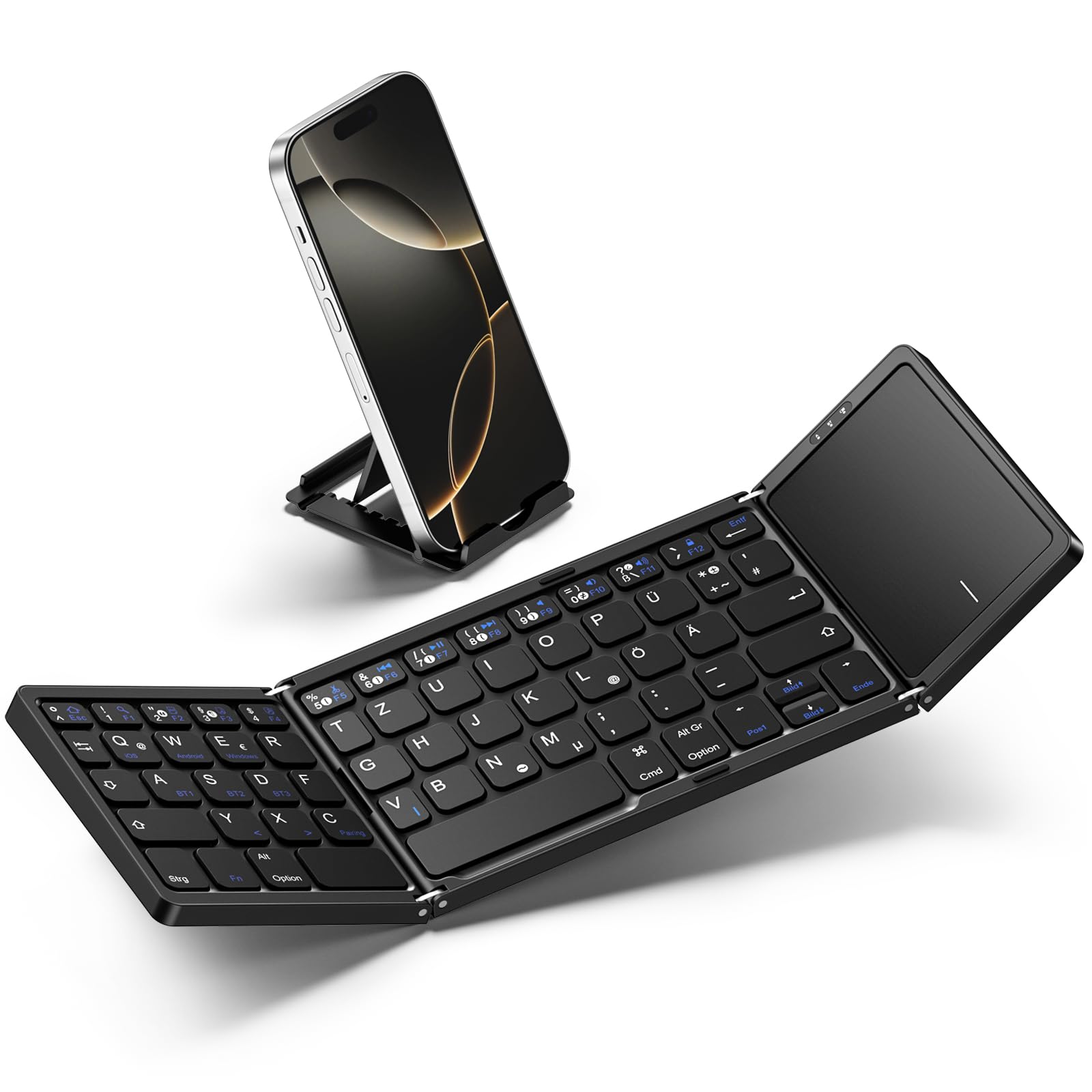 Vobafe Bluetooth Faltbare Tastatur mit Touchpad Kabellose Klappbare, Tragbare Mini Tastatur mit 3 Bluetooth-Kanälen für iOS, Android, Windows, Laptop PC Tablet, QWERTZ Layout, Schwarz
