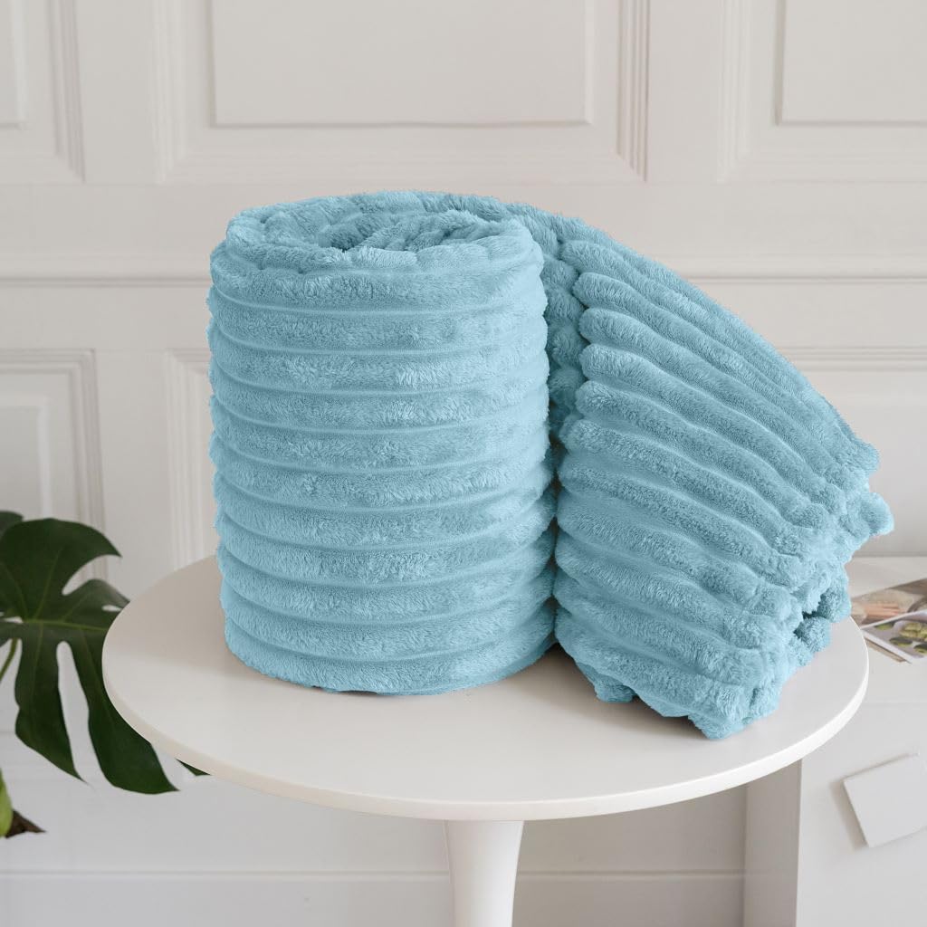 NIGHTZONE Chunky Ribbed Cord Faux Fur Velvet Touch Sofa Bed Throwover Soft touch Blanket (Duck Egg, 150x200CM)