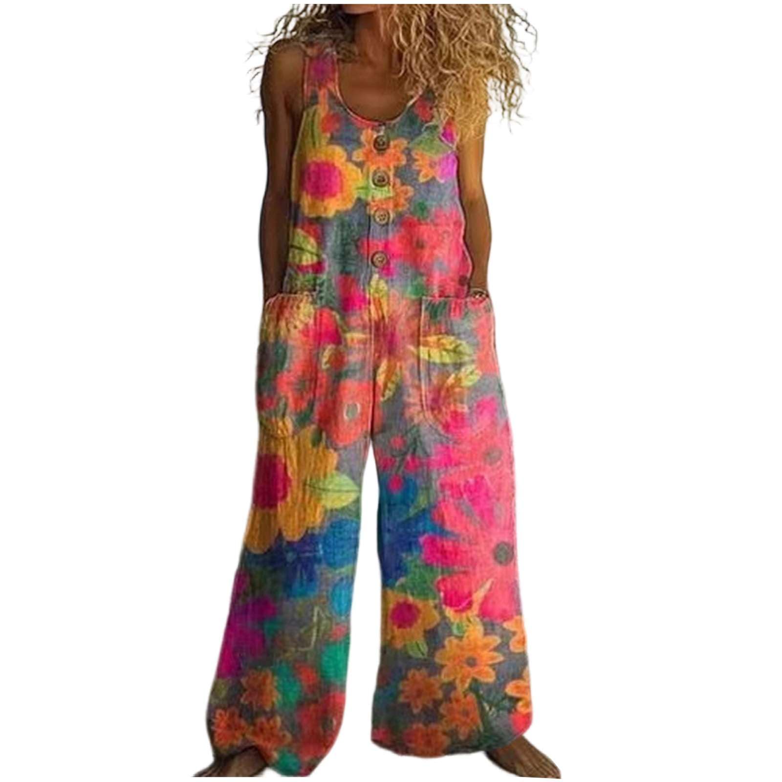 Salopette Donna Estiva, Tuta Intera Elegante Lino e Cotone Stampa Boho Chic, Jumpsuit Senza Maniche Baggy a Gamba Larga, Tute Comoda con Tasche per Mare Vacanze e Tempo Libero