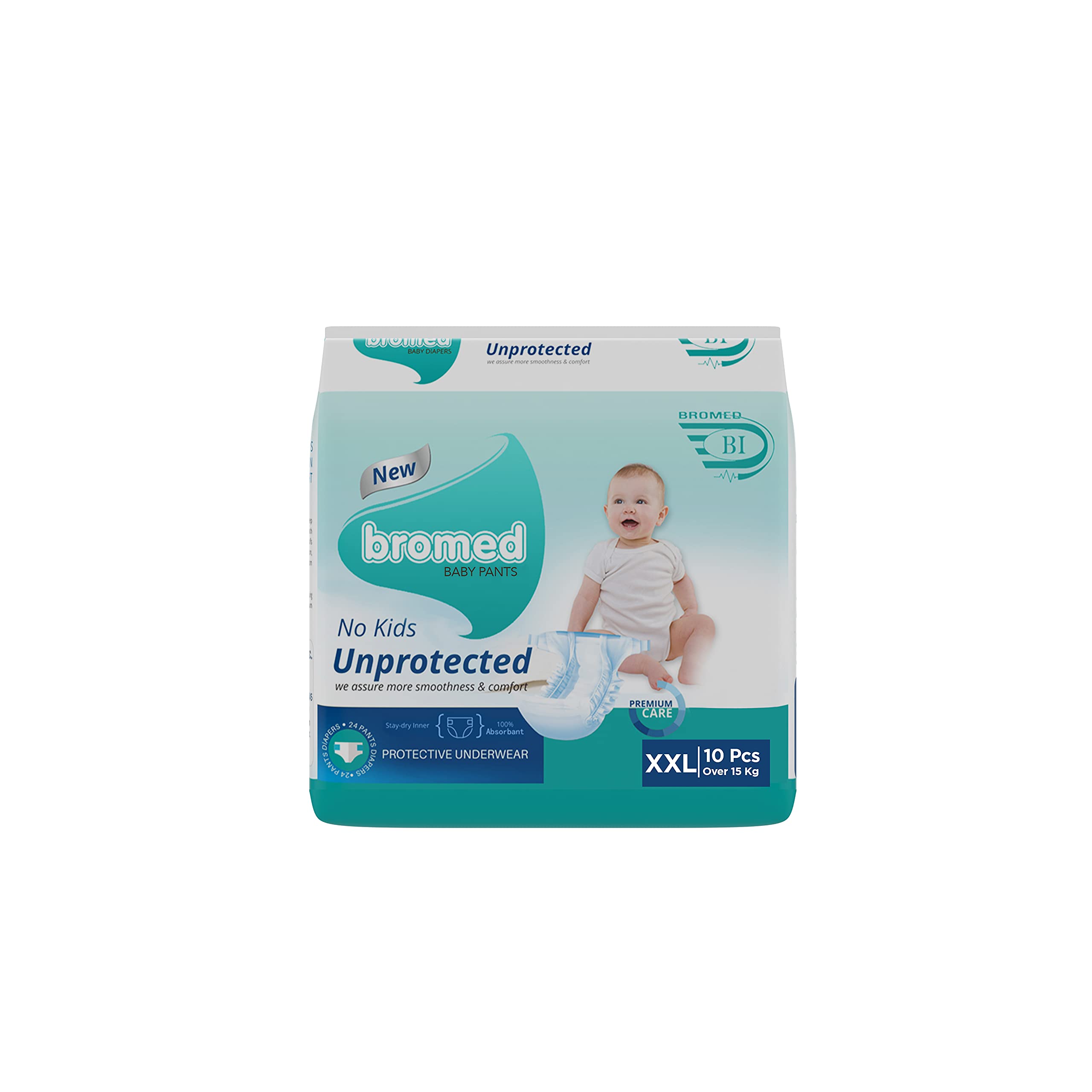 Bromed Baby pants, super Absorbent core with Liquid Distribution Layer,Double Extra Large (xxL) size 10 count, smoothness & comfort
