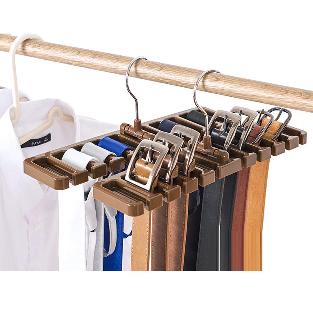 Amazon Co Jp ベルト収納ラック 吊り下げ用の棚 スカーフラック ベルトハンガー ハンガーオーガナイザー タイラック ワードローブ ベルト収納ラック 回転可能なオーガナイザー 2 Pcs ブラウン ホーム キッチン