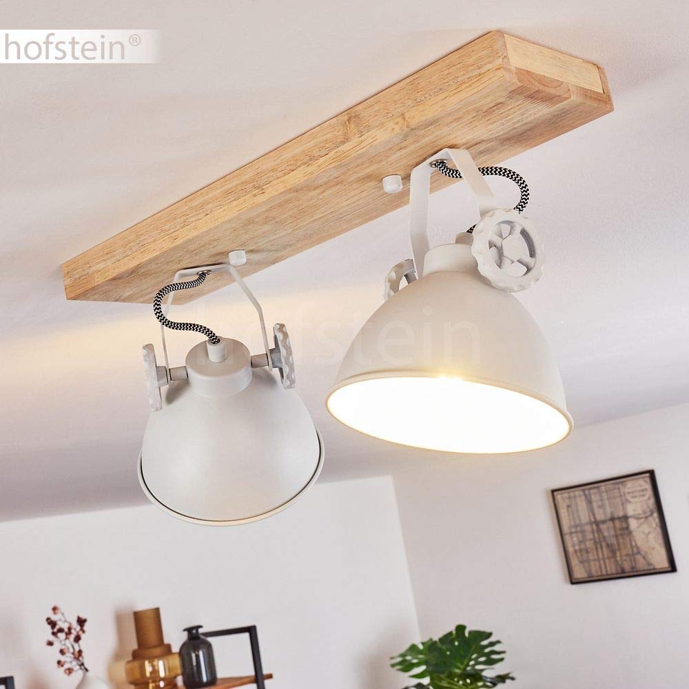 HOFSTEIN Deckenleuchte Svanfolk, verstellbare Deckenlampe aus Metall/Holz in Weiß/Natur, Leuchte im Industrial/Retro/Vintage-Design mit Holzbalken, 2 x E14, Wohnzimmer, Esszimmer, Schlafzimmer, Küche