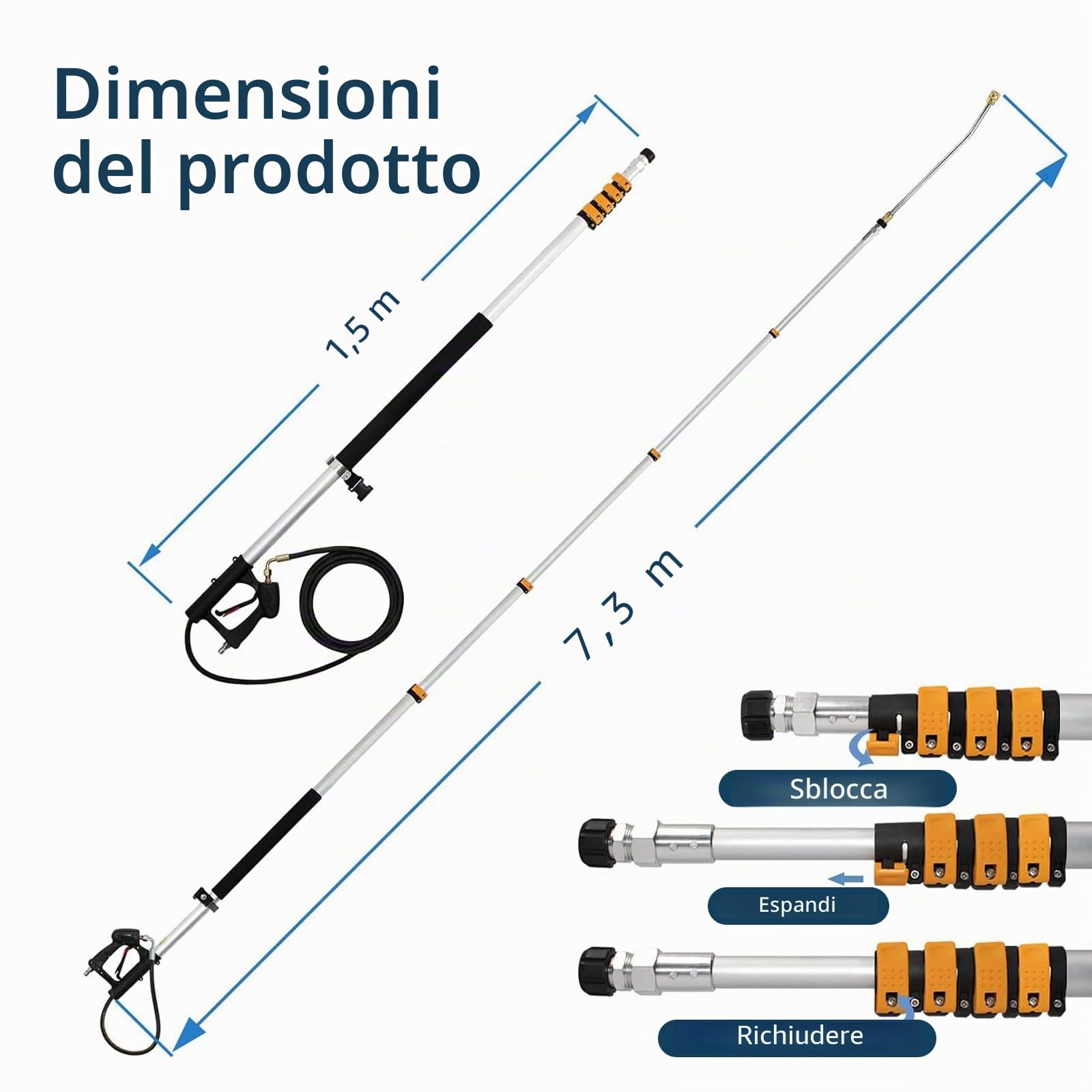 Asta di pulizia telescopica ad alta pressione, 7,5 m, strumento di pulizia della grondaia retrattile con 5 punte di ugello spray con manico telescopico per tetto, recinzione, grondaia