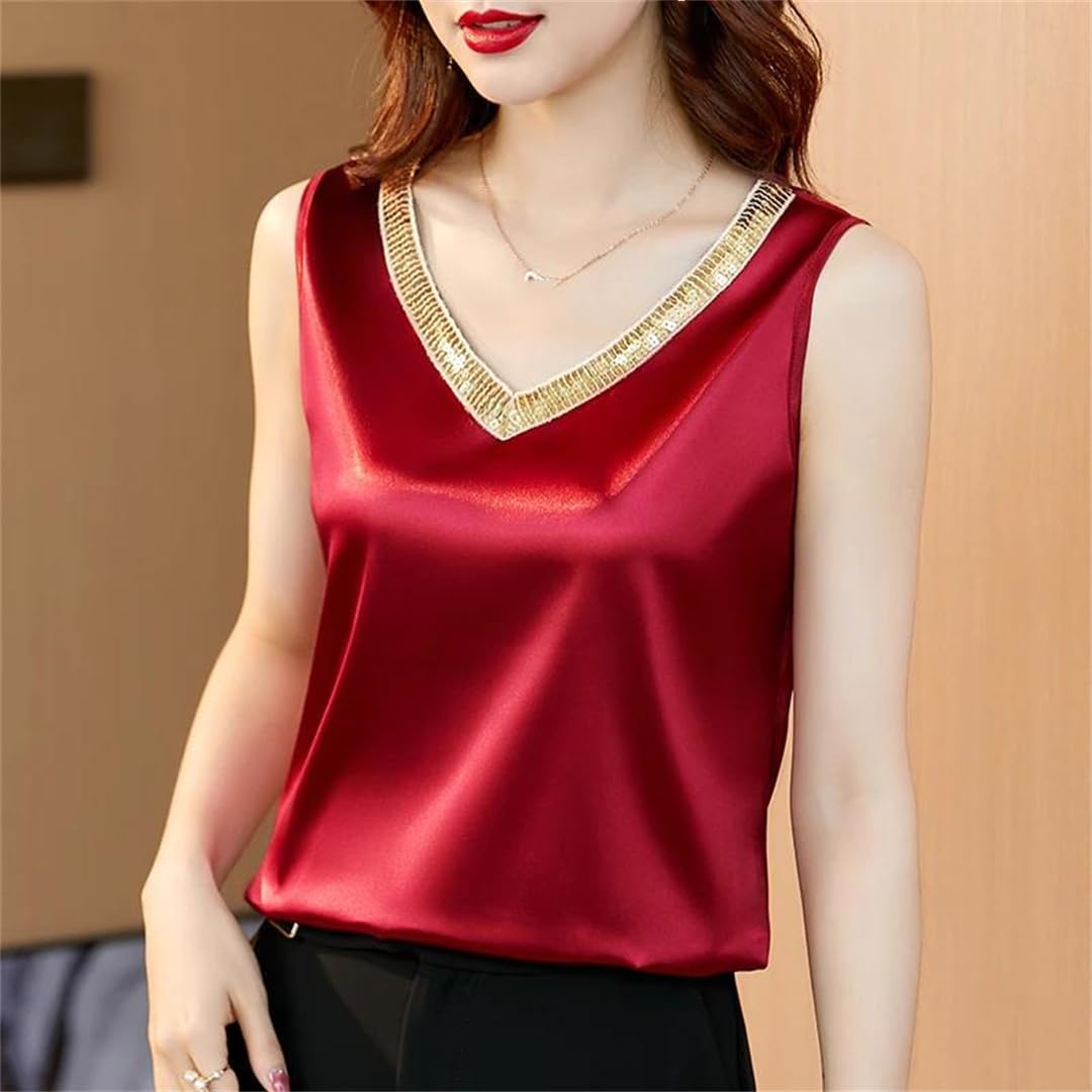 Top estivo da donna senza maniche in seta con scollo a V sciolto solido