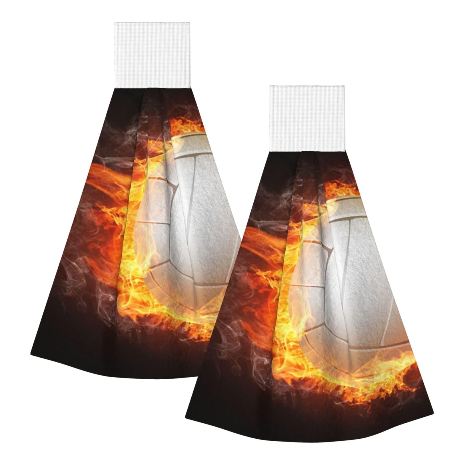 DOPKLNA Cool Fire Flame Volleyball Ball, 2 Pcs Hanging Coral Fiber Hand Towels for Bathroom, Absorbent Kitchen Towels