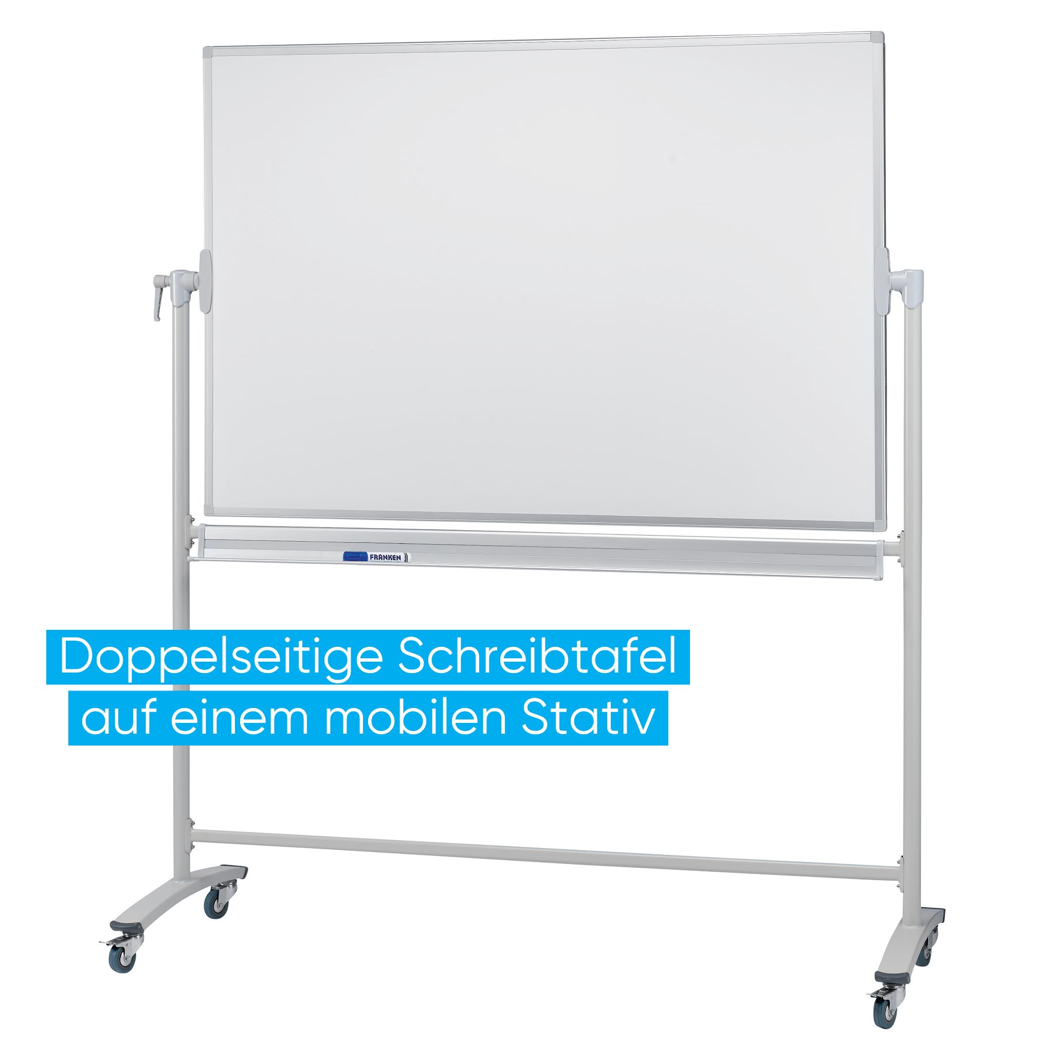 FRANKEN Mobiles Whiteboard, doppelseitig, lackiert, magnetisch, beschreibbar, trocken abwischbar, Whiteboard mit Ständer und Rollen, mit Metallgestell und schwenkbarem Rahmen, 150 x 100 cm, STC202