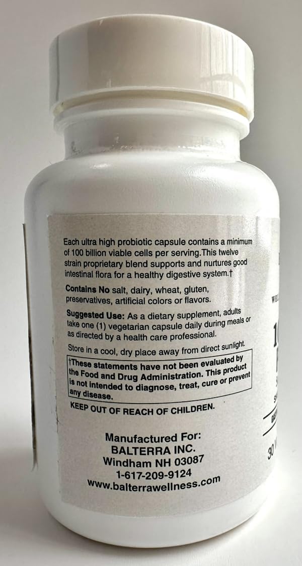 100 Billion Probiotic by Balterra — 30 Vegetarian Capsules — Digestive & Immune Support — 12 Strains, Shelf-Stable