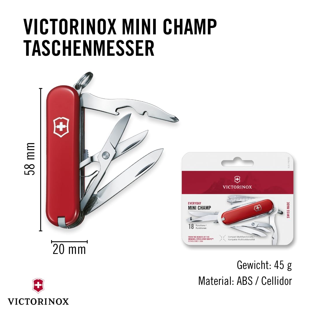 Victorinox Schweizer Taschenmesser Mini Champ, Klein, 18 Funktionen, Swiss Made, Multitool mit Brieföffner, Kapselheber, Drahtabisolierer, Rot