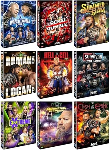 WWE: Ultimate 2022 9-Volume DVD Collection: Wrestlemania 38 / Royal Rumble / SummerSlam / Crown Jewels / Hell in a Cell / Survivor Series / Extreme Rules / Elimination Chamber / Clash at the Castle