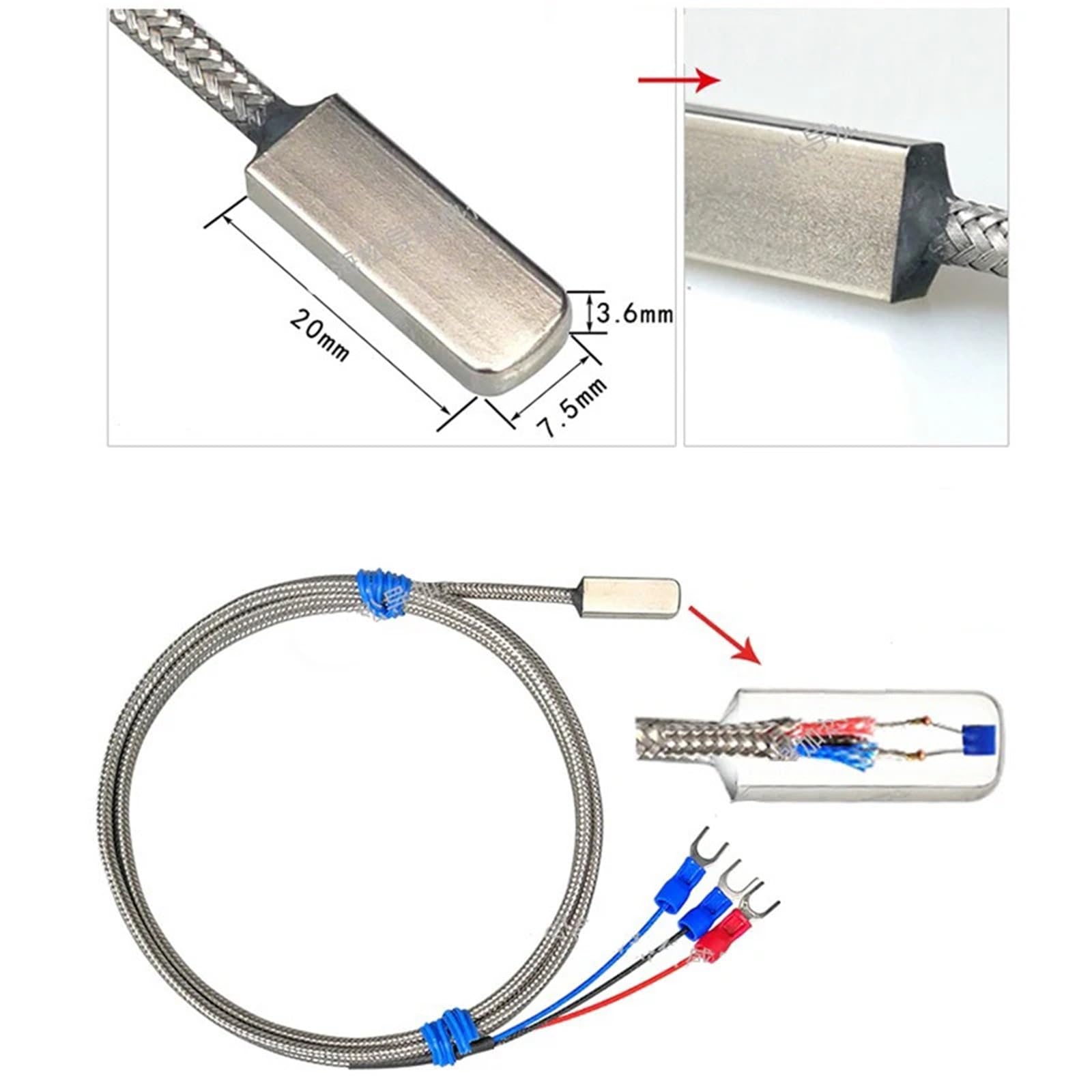 Sensor de Temperatura de Parche de medición de Superficie Pegado de Acero Inoxidable PT100K | Cable blindado de 1-20 m Resistencia térmica de 3 hilos(PT100 Type Cable 13m)