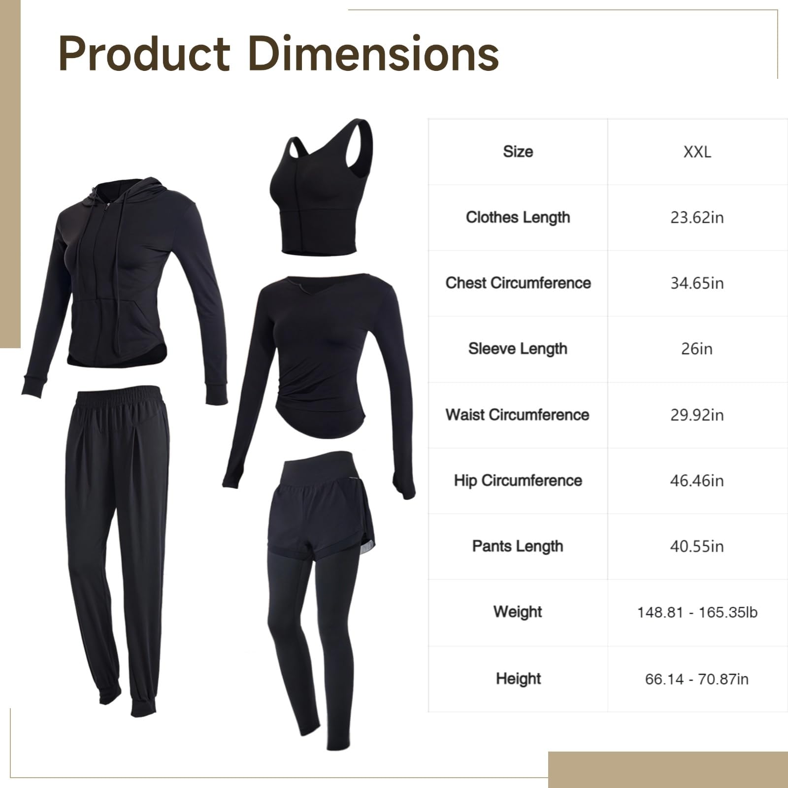 Conjunto deportivo de 5 piezas para mujer, camiseta de yoga de manga larga, tela transpirable, se adapta a mujeres de 5 pies a 5 pies 11, 175 libras a 330 libras