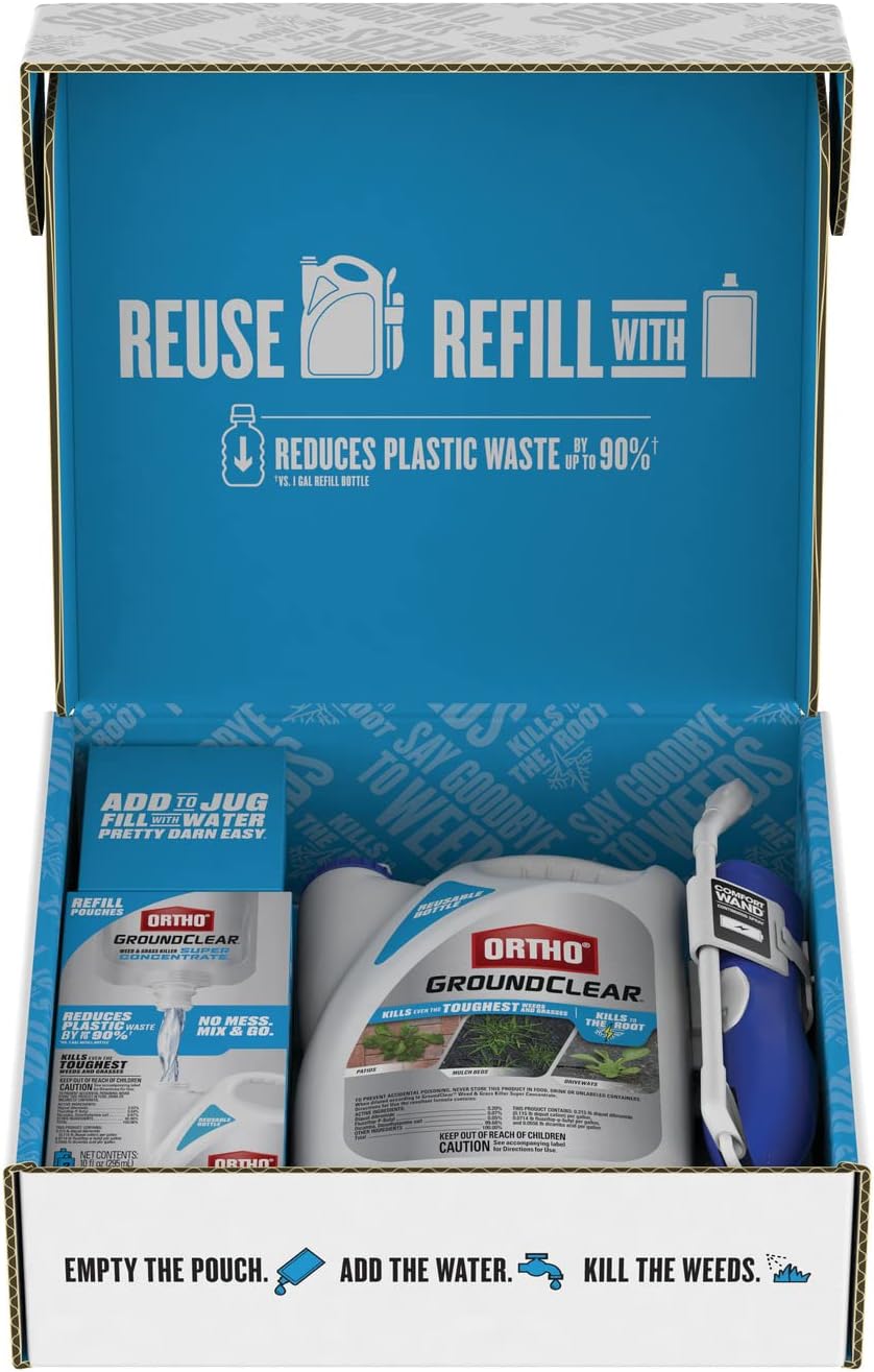 Ortho GroundClear Weed & Grass Killer Super Concentrate 1 with Empty 1/2 gal. Reusable Bottle, Comfort Wand & Two 5 oz. Refill Pouches