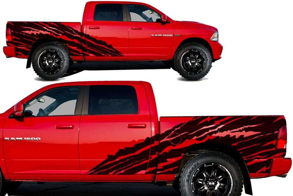 Factory Crafts Torn Side Graphics Kit 3M Vinyl Decal Wrap Compatible with Dodge Ram 5.7 Bed 2009-2018 - Matte Black