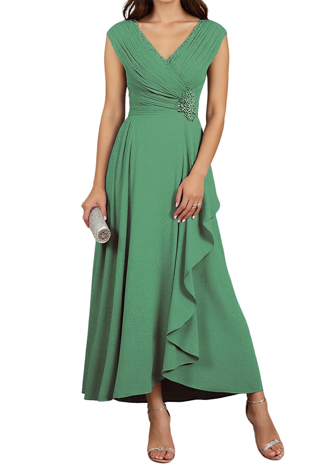 WSEYU Tea Length Mother of The Bride Groom Dresses Chiffon Beaded A-Line Formal Evening Grandmother Gowns ZMKI472 Pastel Green UK10